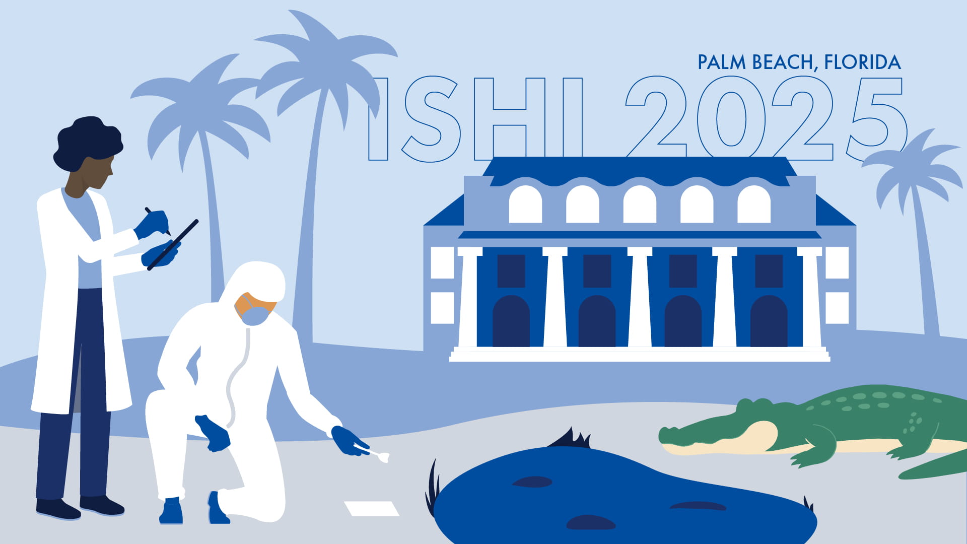 An illustration of two scientists, taking samples from the evidence, nest to a pond and an alligator in Palm Beach, Florida, during ISHI 2025